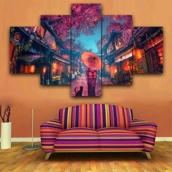 5-teilige Wandkunst-Leinwand, japanische Anime-Stile, Kimono-Mädchen, Heimdekoration, modulare Bilder, moderne Wohnzimmer-Dekoration, Gemälde 202G