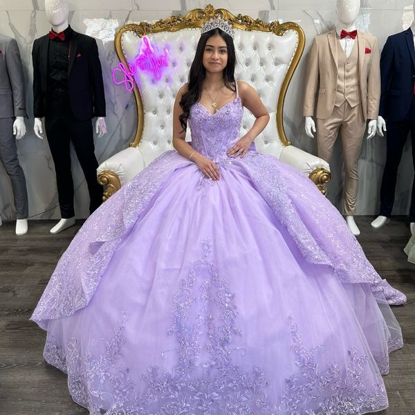 Lavendel Quinceanera Kleider Ballkleid für süße 16 Mädchen Applikationen Spitze Perlen Tull Sweep Zug Prinzessin Kleid Vestidos De 15 Jahre