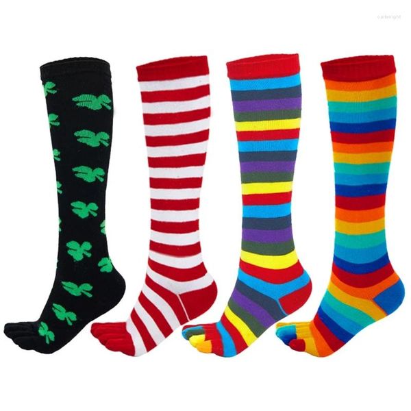 Damensocken mit geteilter Zehenpartie, 5-Finger-Wadenstrümpfe, Regenbogenfarben, bunt gestreift, Kleeblattmuster