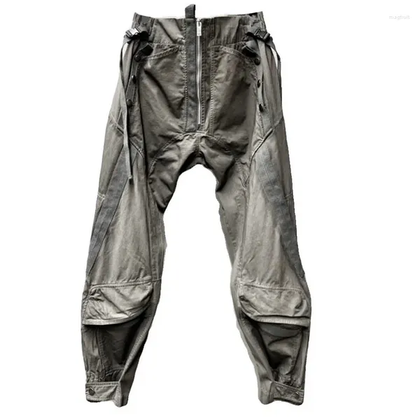 Männer Hosen Männer Tasche Spleißen Jogging Hose Gewaschen Distressed Gebundene Füße Cargo Funktionellen Stil Lose Casual Männlich