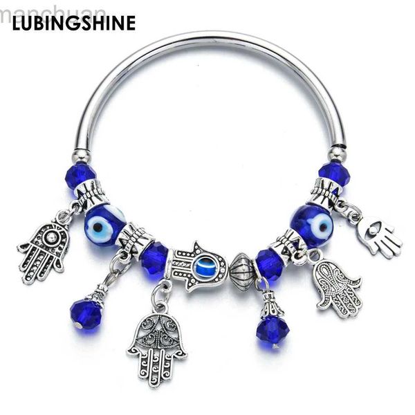 Bangle Moda Turquia Azul Evil Eye Hamsa Mão Fatima Palm Pulseiras para Mulheres Homens Cuff Elastic Strand Beads Charms Pulseira Jóias LDD240312