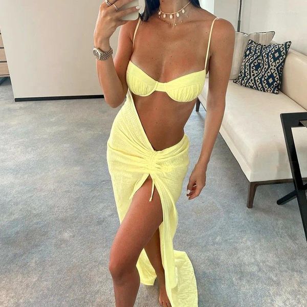 Lässige Kleider Gelbes Kleid Ausschnitt Maxi Beachwear Frauen Sommer Sommerkleid gerafft trägerlos Split Sexy langer Damenurlaub