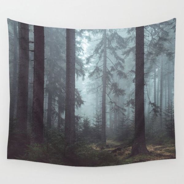 Holz Nebel Wald Wandbehang Stoff dekorative Landschaft Tapisserie Polyester nordisches Dekor trendiges bedrucktes Tenture233g