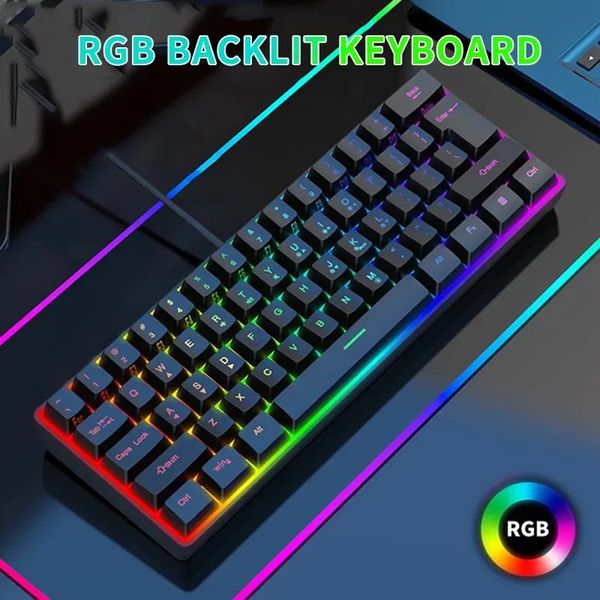 61 teclas coloridas rgb luz alto nível de aparência menina sensação mecânica tpc linha pequeno jogo teclado com fio 240309