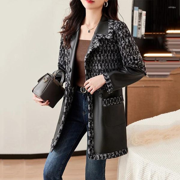 Frauen Pelz 2024 Winter Woolen Spleißen Pu Leder Jacke Mode Zweireiher Mantel Weibliche Tragen Beide Seiten Schaffell Mantel