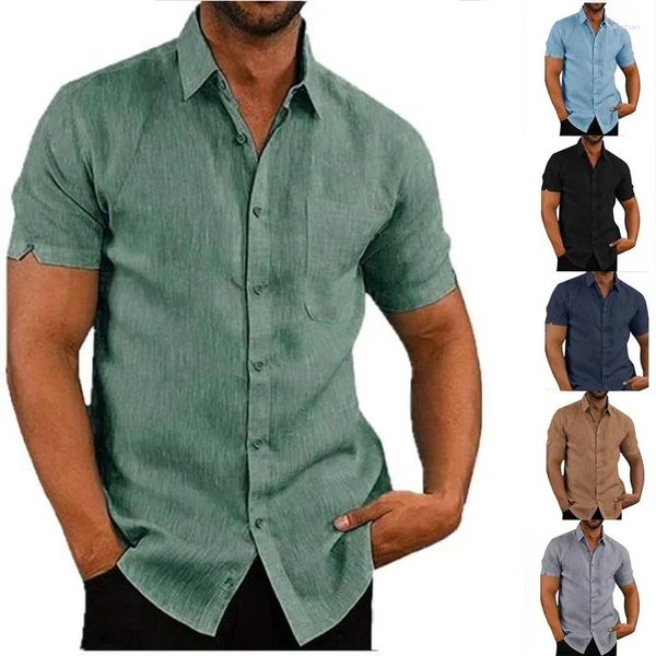 Camisas casuais masculinas algodão linho manga curta cor sólida turn-down colarinho solto verão estilo praia topos roupas plus size