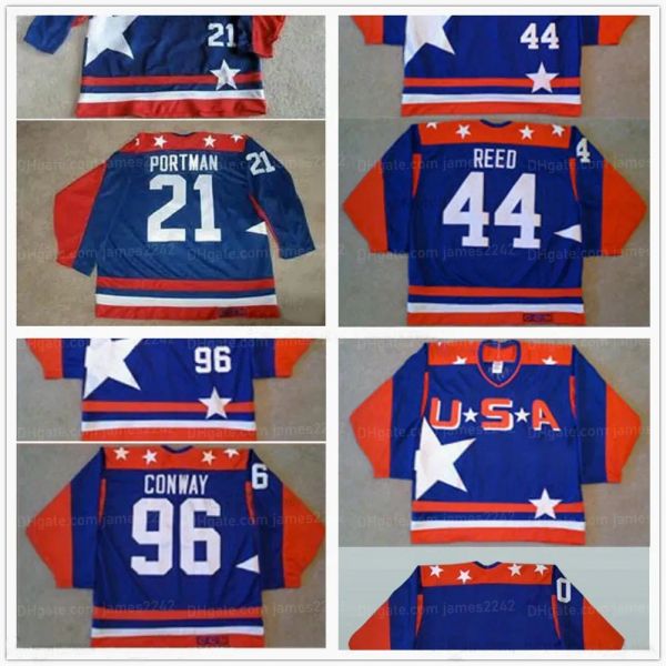 Film retrò 2017 The Mighty Ducks D2 Team USA Maglie da hockey Vintage cucite 96 Charlie Conway 44 Fulton Reed 21 Dean Portman Jersey Blu Bianco Ricamo