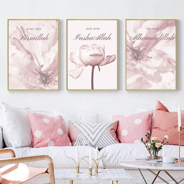 Rosa florales islamisches Leinwand-Wandbild, Bismillah-Drucke, Wandkunst, Geschenke, Poster, Affiche Islamiqu, Gemälde, Wohnzimmer, Heimdekoration, Gemälde 2039