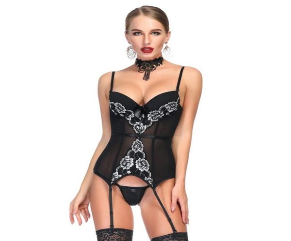 Reggiseno pushup con reggicalze nero da donna Moda floreale bianco centrale anteriore in rete 6 pezzi bustier in plastica completamente disossato con perizoma sexy Linge5324129