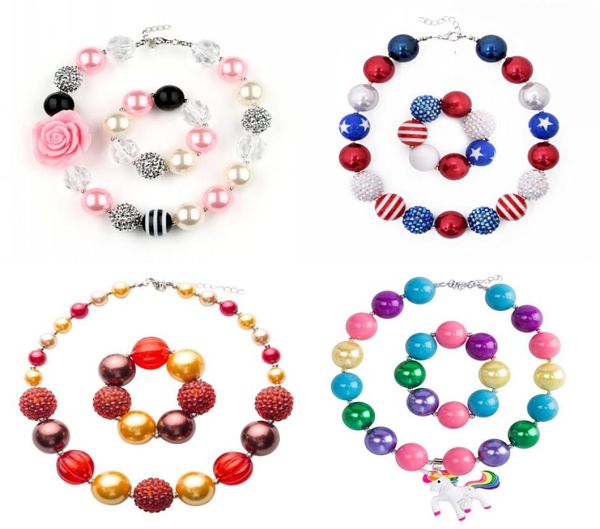 Set di collane per neonate 78 Design per ragazze Ciondolo Collana di perline robuste Bracciale Bandiera americana Unicorno Diamante Gioielli per bambini4850231