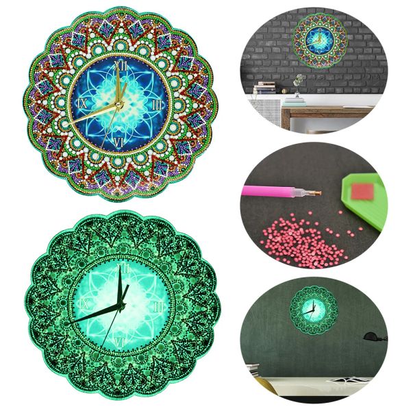 Punto luminoso pittura diamante mandala orologio fai da te trapano completo forma speciale pittura diamante punto croce orologio da parete decorazioni per la casa regalo