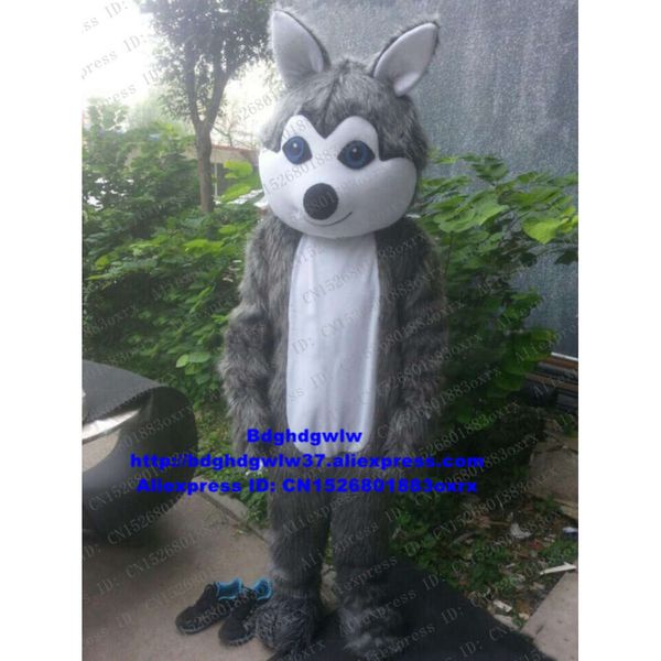 Trajes de mascote longo pele peludo cinza lobo husky cão fursuit mascote traje adulto personagem de desenho animado roupa itens promocionais sessão de fotos zx417