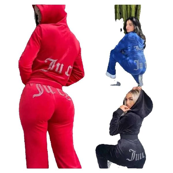 Due tuta Veet Coutoure Pantaloni Piece Juicy Tessuto da donna in velluto Tuta da donna Felpe con cappuccio e Fat Sister Set di abbigliamento sportivo J241107 GG