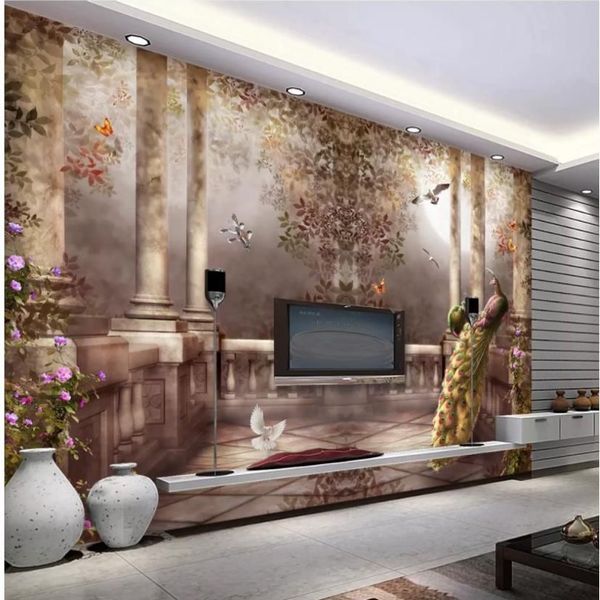 Duvarlar için Duvar Kağıdı 3 D Oturma Odası Avrupa Pastoral Rococo Roman Sütunu Üç Boyutlu Yağlı Boya TV Arka Plan Wall289G