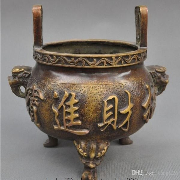 Antico tempio del buddismo cinese Ricchezza in bronzo statua testa di leone bruciatore di incenso Censer254Y