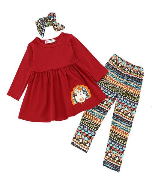 Ação de graças bebê meninas roupas crianças turquia vestido de impressão toppants com bandana 3pcsset 2018 primavera outono crianças conjuntos de roupas2040130