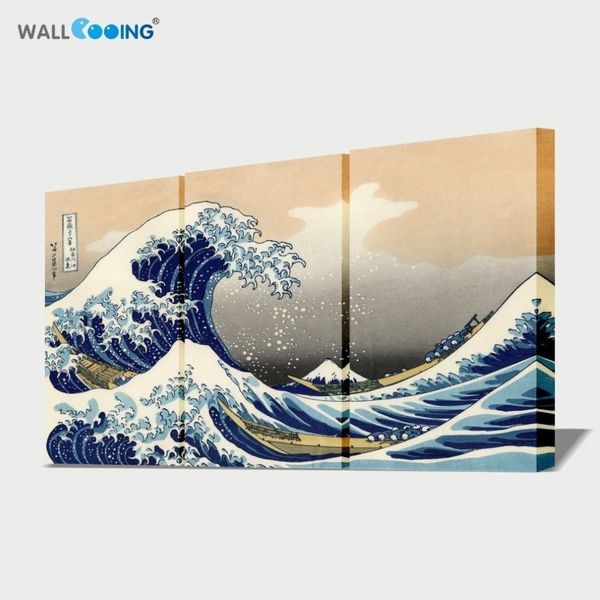 Giappone Ukiyo-e Pittura 3 Pannelli Immagine Tela La Grande Onda di Kanagawa Surf Hokusai Stampe d'arte da parete 271S