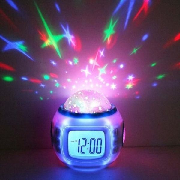 Led digital despertador snooze estrelado estrela brilhante despertador para crianças quarto do bebê calendário termômetro luz da noite projector283r