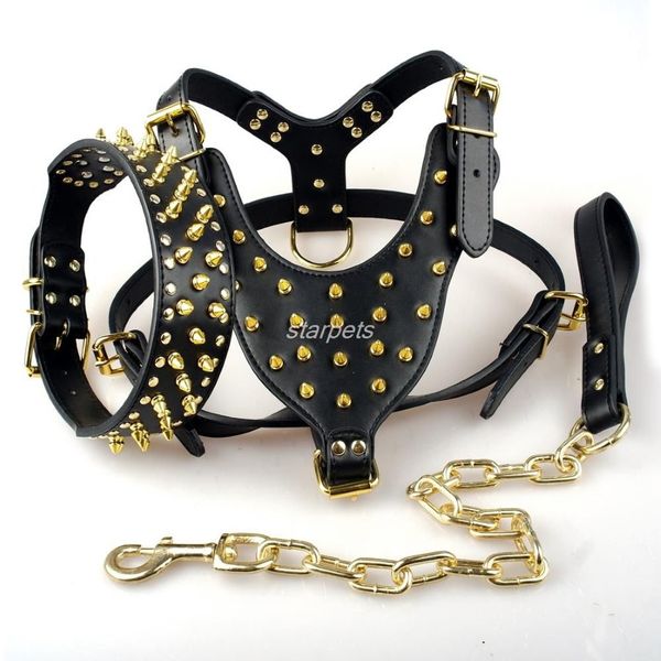 Schwarze, mit Spikes versehene Hundehalsbänder aus Leder für Hunde und Pitbulls, Brustumfang 26–34 cm, Halsband-Leine-Set für mittelgroße und große Hunde, 281 V