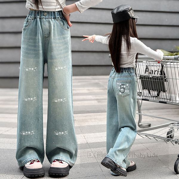 Große Mädchen mit Buchstaben bestickte Jeans, alte Kinder, elastische Taille, lässige Denim-Hosen, 2024 Frühling, Teenager, Cowboy-Hose, Z7106