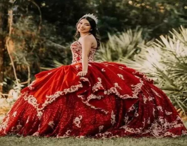 2023 Bling Burgundy Pulin Dantel Aplik quinceanera Elbiseler Dantelya Korse Tatlı 15 Pageant önlükleri artı Boyut Vestidos de XV Ano GW7206951