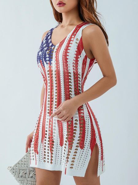 Damen-Badebekleidung, amerikanische Flagge, ausgehöhlter Schlitz, gehäkeltes Cover-Up, ärmelloses Trägerkleid, 4. Juli-Kleider, patriotisch
