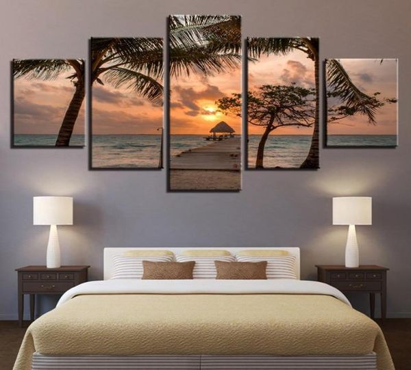 Cópia da arte da lona modular ponte de madeira pintura cartaz parede 5 painel pôr do sol imagem para decoração casa mar crianças quarto quadro pai8204202