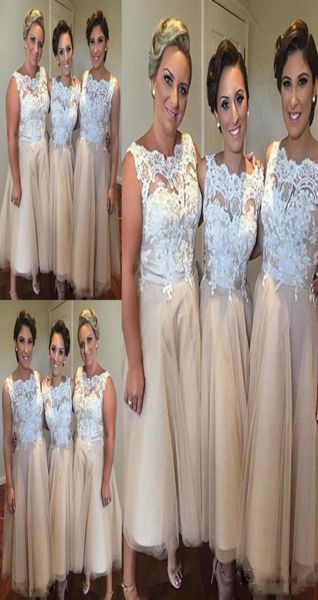 Abiti da damigella d'onore corti bianchi e champagne per matrimonio Plus Size Top in pizzo senza maniche Abiti da damigella d'onore Tulle Lunghezza tè Brides4409224