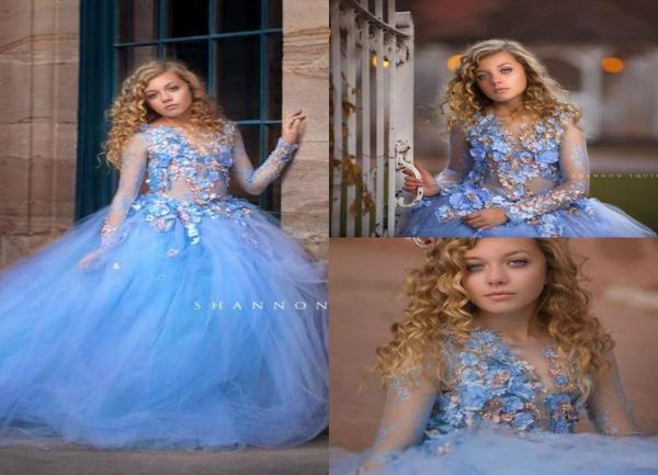 Céu azul princesa flores meninas vestidos para casamento manga longa apliques contas vestido de baile crianças pageant vestidos primeira comunhão sagrada 8954434