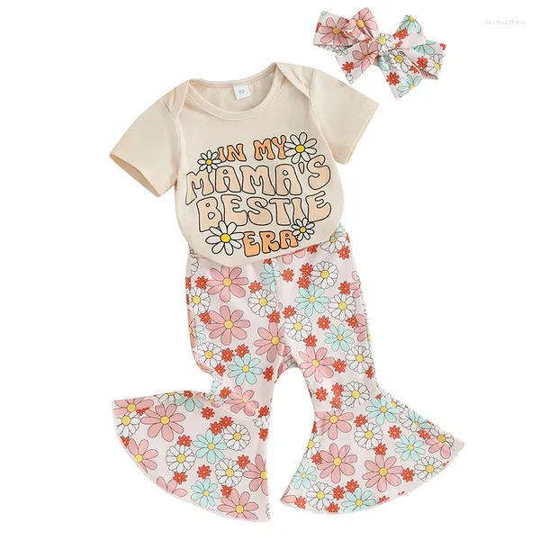 Kleidungssets Neugeborenes Baby Mädchen Sommerkleidung Kurzarm Strampler und Blumen Schlaghose Set mit Stirnband Mama S Ie Outfit