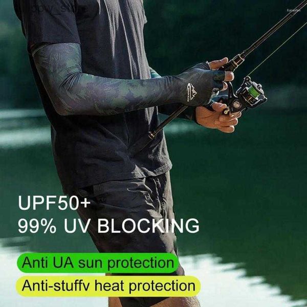 Mangas protetoras joelheiras mangas de pesca protetor solar gelo seda meio dedo luvas longas homens mulheres esporte ao ar livre ciclismo anti-uv braço apoio armguard unisex l240312