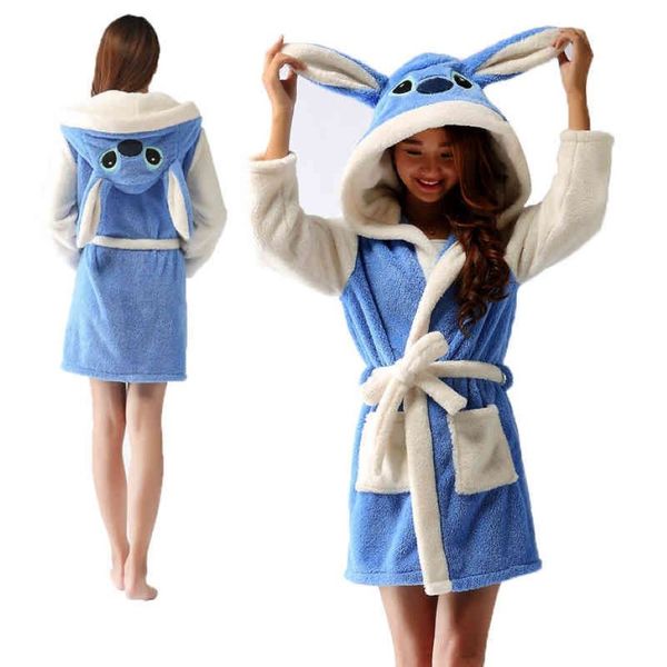 Blau Stich Bademantel Mit Kapuze Frauen Bademantel Cartoon Homewear Tier Warme Flanell Morgenmantel Weiche Roben Schlafanzug Kigurumi303V