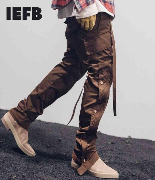 Iefb outono inverno streetwear men039s lado snap calças de carga hip hop fino ajuste com fita cintura faixa calças cintura elástica 9y46856789