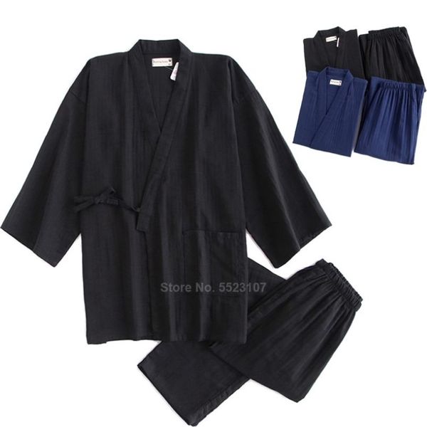 Kimono-Pyjama-Set für Samurai-Männer, Baumwolle, traditionelles japanisches Oberteil, Hose, reine Farbe, lässig, atmungsaktiv, Yukata-Nachtwäsche 210901203E