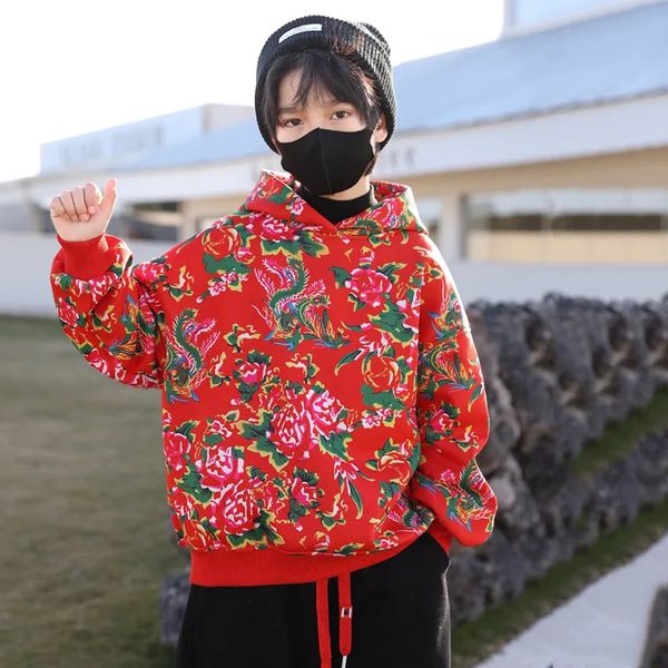 Kuzeydoğu Çin Büyük Çiçek Modeli Çocuk Hoodies Erkek Sweatshirts Erkek Kızlar Çocuk Kişilik Hoodie 240227