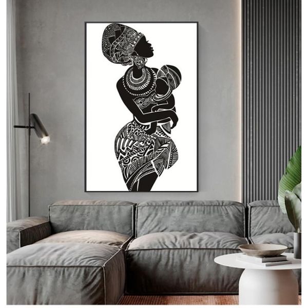 Dipinti Immagine da parete bianca Stampa poster Decorazioni per la casa Bella donna africana con camera da letto per bambini Pittura su tela nera And284N