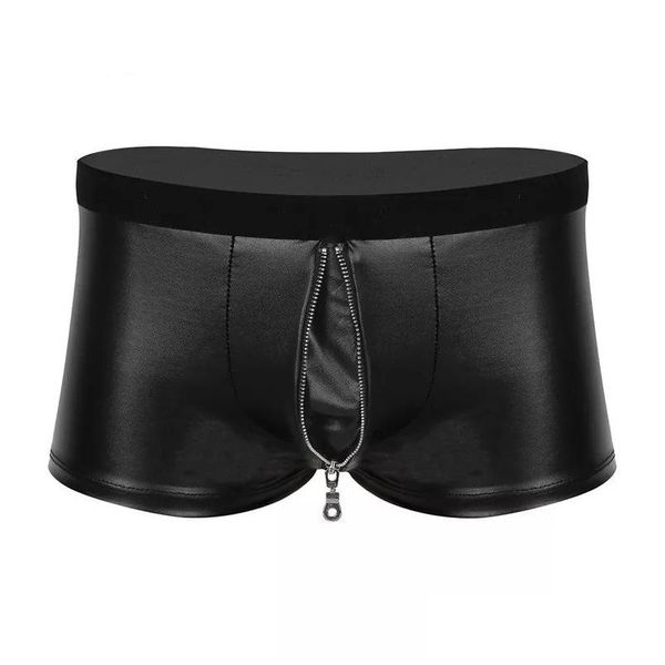 Cuecas calcinha sexy lingerie calcinha dos homens macio brilhante couro boxer shorts roupa interior com virilha zíper entrega de gota vestuário dhj56