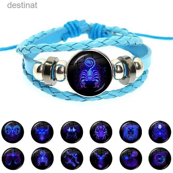 Perline Moda 12 Costellazioni Bracciale Personalità Corda blu Tessuto in pelle Bracciale Bottone Cabochon in vetro Bracciale Accessori RegaloL24213