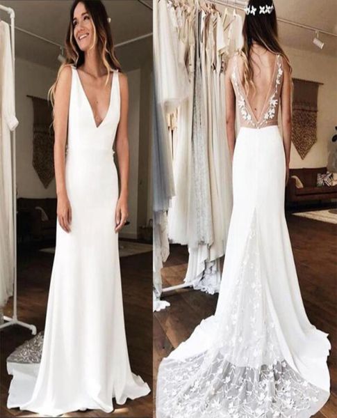 Abiti da sposa sexy con scollo a V profondo e tubino Bianco Avorio 3D in pizzo Robe De Maria Backless Chapel Train Abito da sposa Custom Made9886668