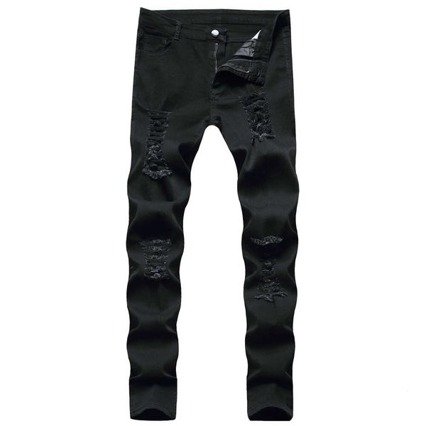 Schwarze Röhrenjeans im neuen Stil mit zerrissenen Knien, lässige Slim-Fit-elastische lange Hosenmarke für Herren