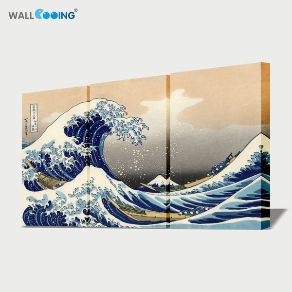Giappone Ukiyo-e Pittura 3 Pannelli Immagine Tela La Grande Onda di Kanagawa Surf Hokusai Stampe d'arte da parete 263e