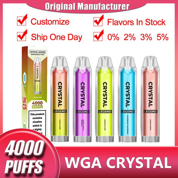 Original WGA Crystal Legend Pro 4000 Puffs Einweg-E-Zigaretten, 1350-mAh-Akku, 2 % Kapazität, 10 ml zusätzlicher Vape-Stift, 100 % hochwertige Dämpfe, Großhandelsset, 27 Geschmacksrichtungen