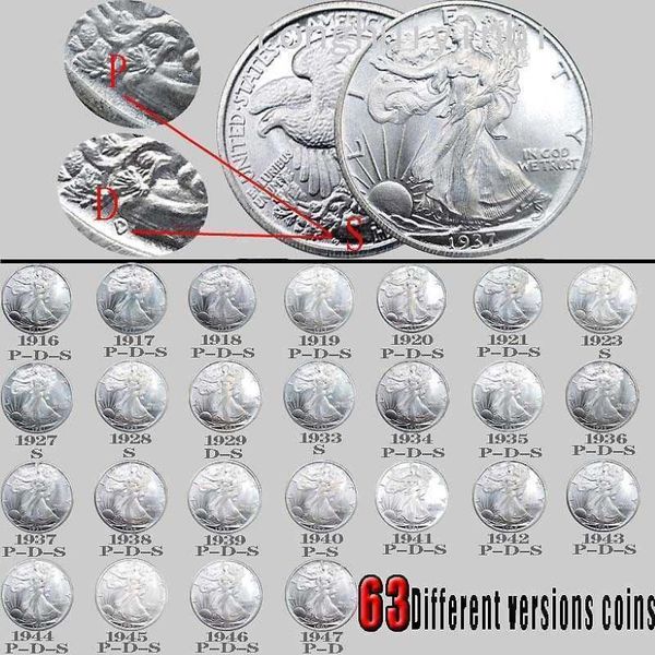 Монеты Свободы, 63 шт., США, ходьба, яркая серебряная копия монеты, полный набор, художественная коллекционная209b