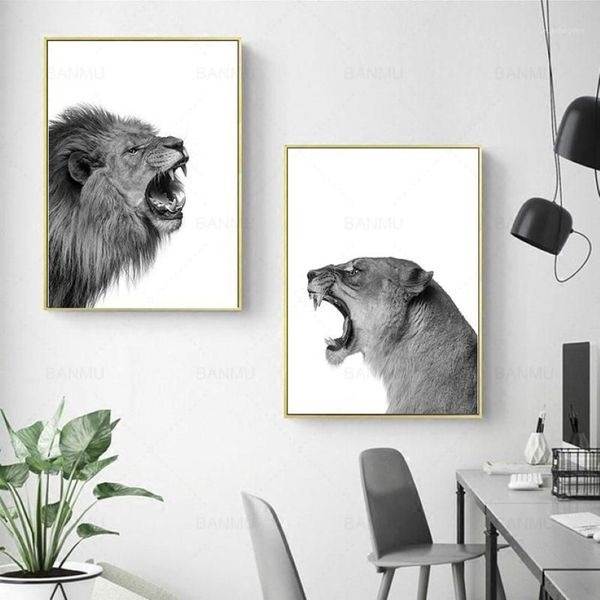 2 peças Canvas pintando leão e leoa pôster animal de parede de parede impressão de impressão em florestas brancas pretas para a sala de estar decoração de casa1228k