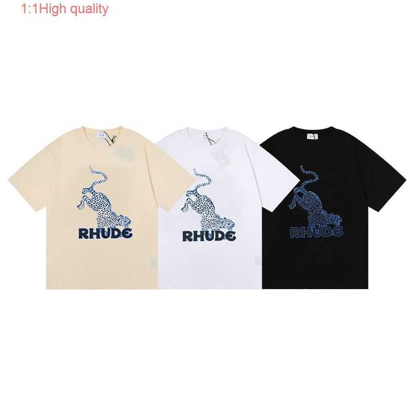 Rhudes Yeni Mavi Benekli Leopar Baskı T-shirt Göğüs İlkbahar ve Yaz Trendi Yakışıklı Erkek ve Kadınlar Genç Stil Kısa Kollu