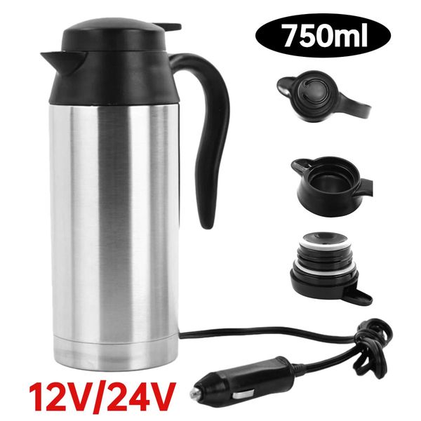 Bollitore elettrico per tazza di riscaldamento da 750 ml 12 V / 24 V Bottiglia scaldabagno in acciaio inossidabile per tè e caffè Bere bollitore per auto da viaggio 240228