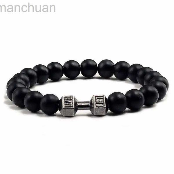 Pulseira de alta qualidade homens frisados pulseira natural preto lava pedra haltere charme pulseiras energia fitness barbell moda mulheres jóias ldd240312