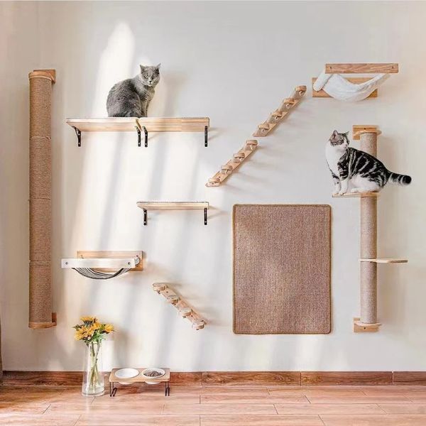 Prateleiras de parede para escalada de gatos, rede montada na parede, poste para arranhar, prateleiras de escada de madeira com corda de sisal, escada de parede, árvore de gato 240227