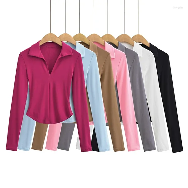 Damen T-Shirts Sexy Crop Tops Frauen 2024 Sommerhemd Weiß Langarm T-Shirts Koreanischer Stil Cropped Top Vintage V-Ausschnitt Schwarz Rosa