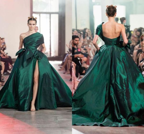 Elie Saab 2020 Abiti da sera verde scuro Una spalla Arabo Caftano Alta spaccatura Abiti da ballo formali da donna Abiti da sposa98795337413577